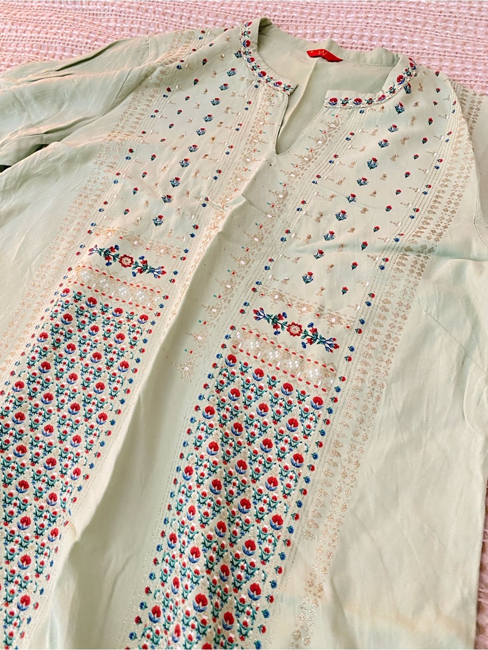 Embroidered Mint Tunic Top with Floral Detail